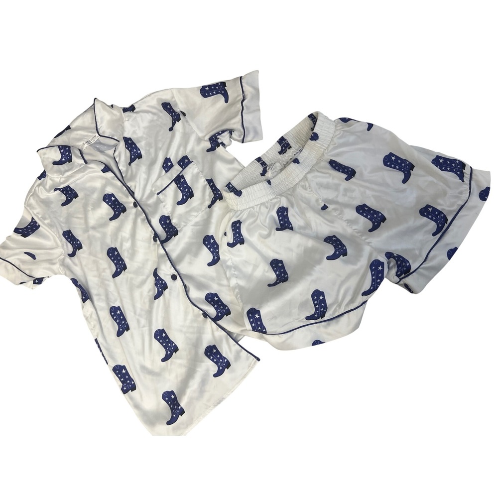 SHESHOW Pajama Set Women Sz XS Cowboy Boot Print Satin White Blue Western PJs